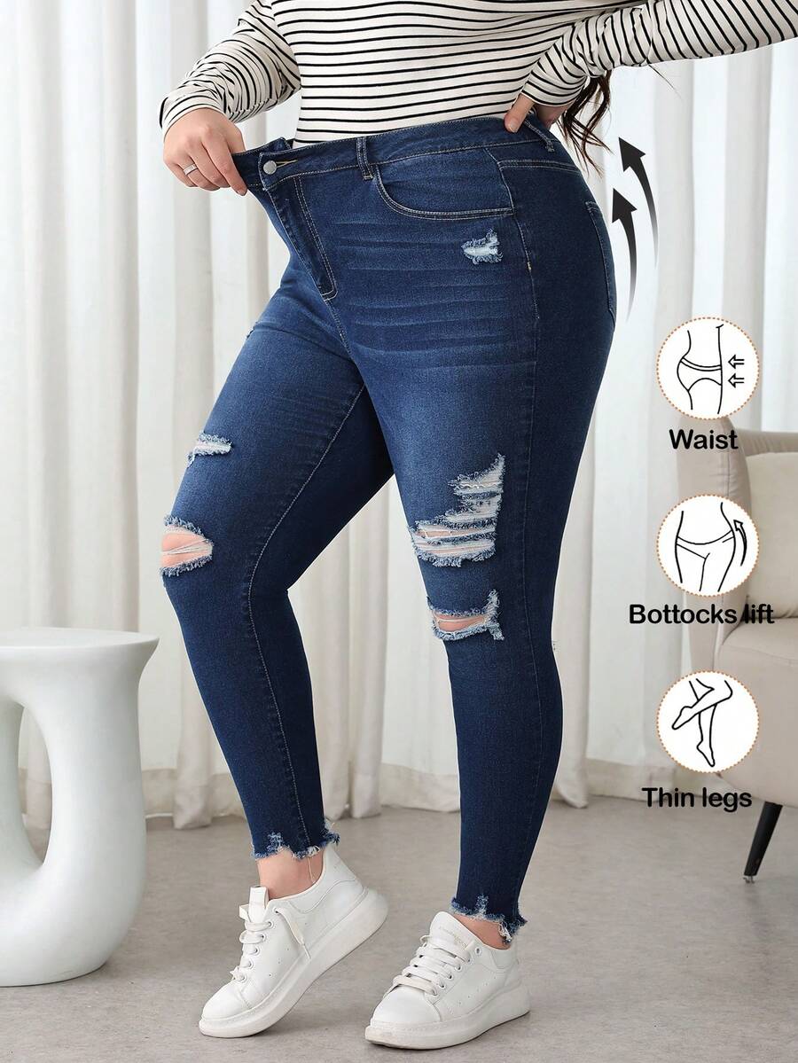 SHEIN Tall CURVE Quần jean denim co giãn dành cho nữ cỡ lớn mùa đông xuân, kiểu dáng ôm sát thanh lịch, thiết kế rách nhẹ. - Rửa tối - Xem 1