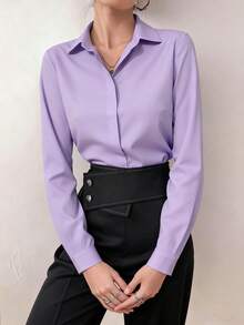 Modelyn Blusa casual de manga larga y hombros regulares de color liso y versátil - Morado - Ver 4