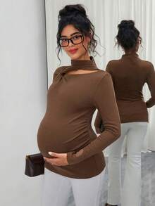 Momance Maternity Solid Color Long Sleeve T-Shirt With Asymmetrical Twist Hollow Design - Brown - View 7