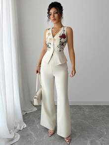 Selianne Conjunto elegante de top sin mangas con bordado de malla y cintura ceñida, y pantalones, color amarillo crema, adecuado para vacaciones y uso diario - Albaricoque - Ver 3