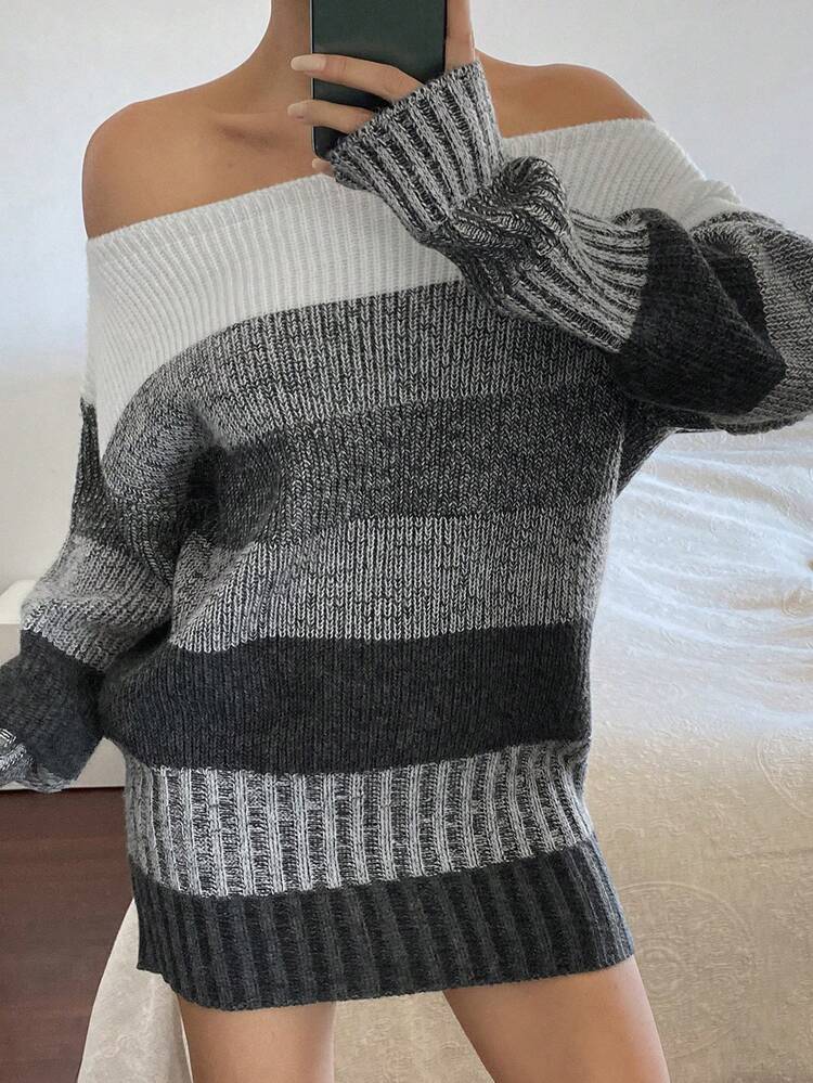 Women's Autumn/Winter Color Block Off Shoulder Striped Waist Cinched Long Sleeve Casual Pullover Sweater