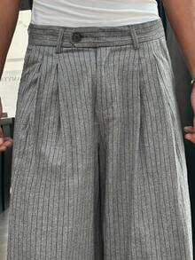 SWAVVY Men's Fashionable Versatile Commuter Striped Wide Leg Pants Pleated Pants Grey Pants - Light Grey - View 4