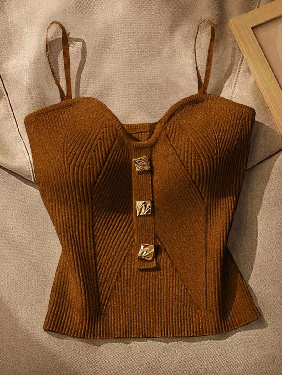 Resyla 休闲纯色百搭女士针织吊带背心 - 棕色 - 查看 1