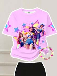 2pcs/Set Tween Girls Casual Loose Fit Cartoon Girl Graphic Tee And Flare Pants, Suitable For Spring/Summer Daily Wear And Outings - Multicolor - View 4