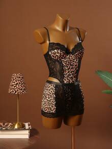 2pcs Leopard Print Lace Patchwork Black Bodysuit, Paired With Sexy Mini Skirt, Cleavage Enhancing Slim Fit Design To Showcase Wild And Alluring Femininity ClassicAnimalPrint Leopard Print Lingerie Plus Size Corsets Cheetah Print Corset Cheetah Print Lingerie Lingerie Sexy Dress - Multicolor - View 5