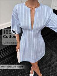 Siren Gaze Vestido Casual de Mulher com Cintura Marcada e Listras, Ideal para Ir e Vir