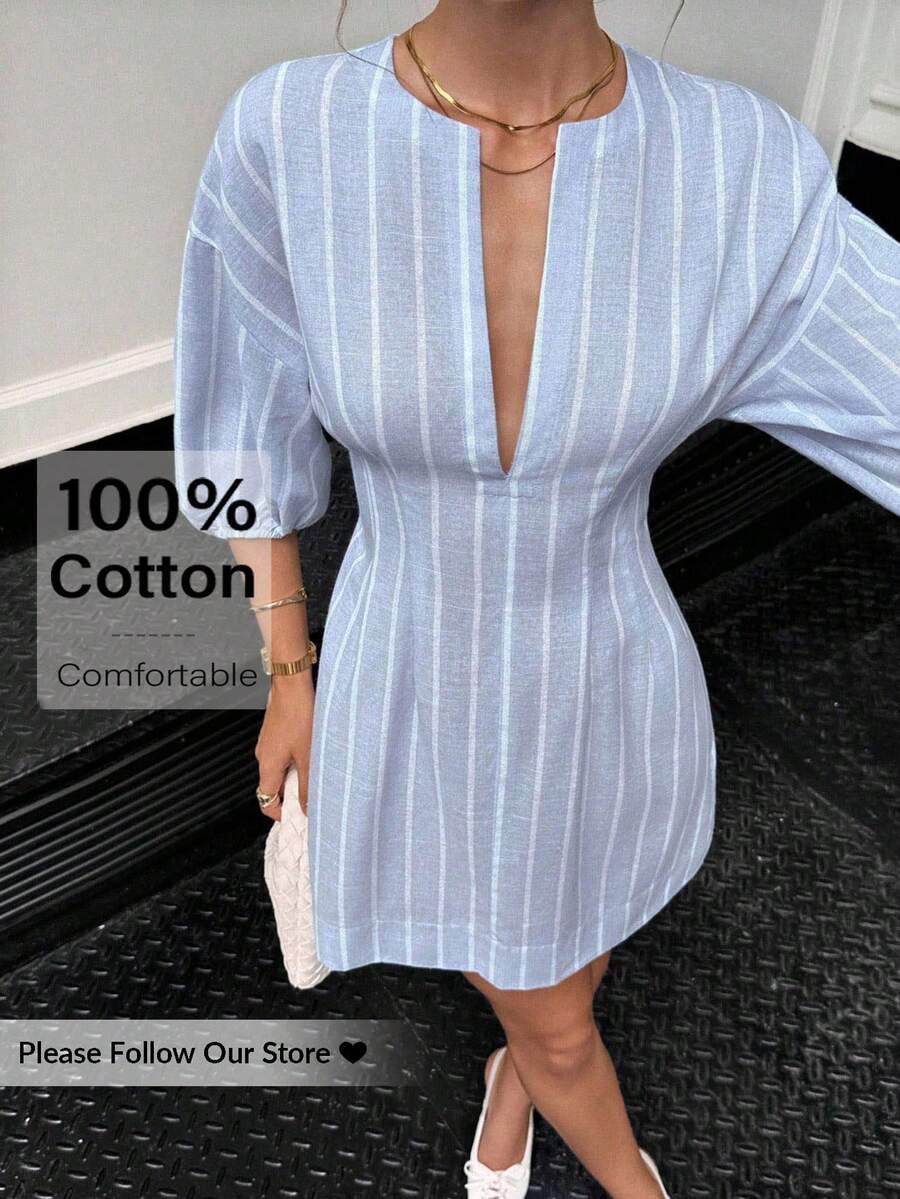 Siren Gaze Váy ngắn thắt eo kẻ sọc đi làm thường ngày cho nữ - Màu xanh lam - Xem 1