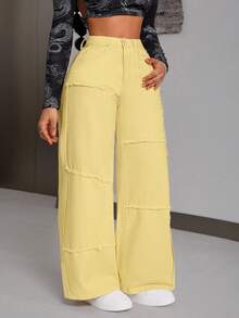 SHEIN PETITE Women's Solid Color Casual Jeans - Yellow - View 4