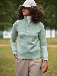 In My Nature Women's Letter Jacquard Raglan Sleeve Half Zip Up Sports Sweater