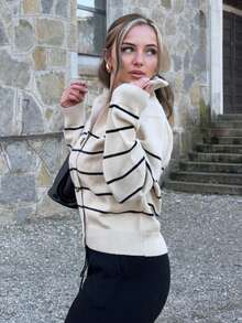 Jeta Ari Cárdigan holgado de cuello alto de manga larga con botones de cuerno y rayas de colores contrastantes para mujer, ropa de mujer de otoño - Albaricoque - Ver 4