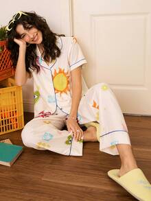 Chillnights Heart & Sun Graphic Print Lapel Short Sleeve Women Pajama Set, Fashionable - Multicolor - View 5