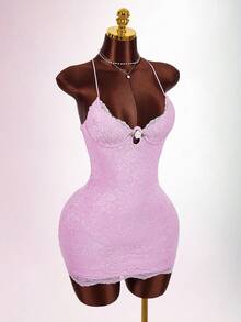 Amplova 蕾丝可爱性感交叉吊带连衣裙 - 粉色 - 查看 11