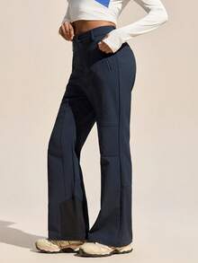 Exploreva Navy Blue Flared Hiking Pants For Women With Zipper Details Long Woven Fabric - Navy Blue - View 3