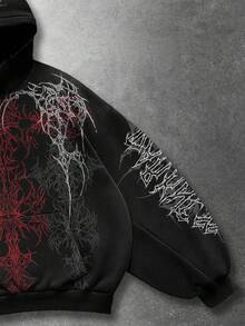 ROMWE MEN Goth 街头休闲百搭男士长袖印花宽松连帽衫 - 黑色 - 查看 4