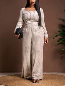 Slaydiva 2025 Autumn/Winter Fleece Ribbed Long Sleeve Jumpsuit - Apricot - View 5