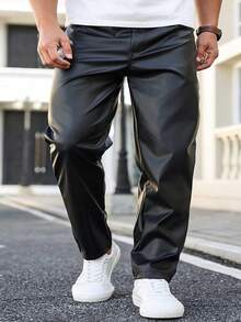 Manfinity Homme 加大码男士纯色口袋PU皮休闲裤，多功能男士运动裤，男士阔腿侧条纹健身裤，男士街头服饰裤，防风裤，时尚街头服饰百搭单品，送给男友的完美礼物。 - 黑色 - 查看 4