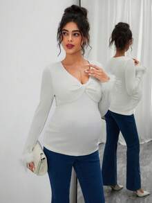 SHEIN Maternity Ribbed Patchwork Fuzzy Fitted Top - White - View 5