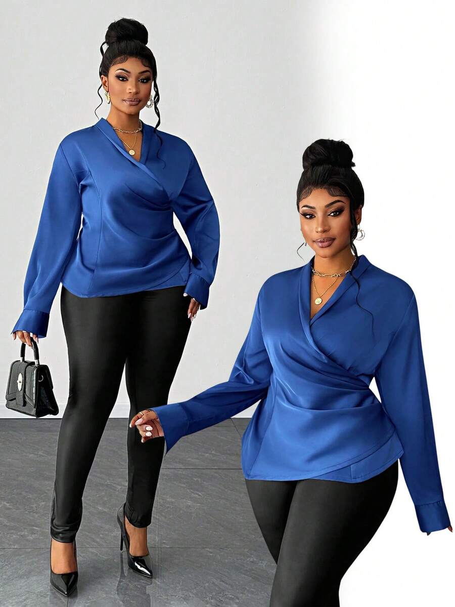 Maweii Große Größen Damen Sexy Herbst/Winter Drapierter Ausschnitt Überschneidende Pullover Bluse, Tiefer Drapierter Ausschnitt, Elegant, Geeignet für Arbeit und Alltag, Langarm, Plissiert, Satin - Blau - Übersicht 1