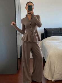 DAZY 女士立领荷叶边上衣和直筒裤两件套休闲套装 Y2K 家居服套装 - 棕色 - 查看 3