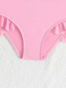 SHEIN 春夏新款女童泳衣，吊带比基尼套装，圆领长袖泳装，纯色浅紫色泳裤，碎花可爱洛可可风格粉彩色荷叶边设计 - 粉色 - 查看 4