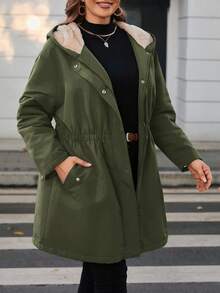 SHEIN PETITE CURVE Veste à capuche en polaire avec poche, grande taille - Militaire verte - Voir 3