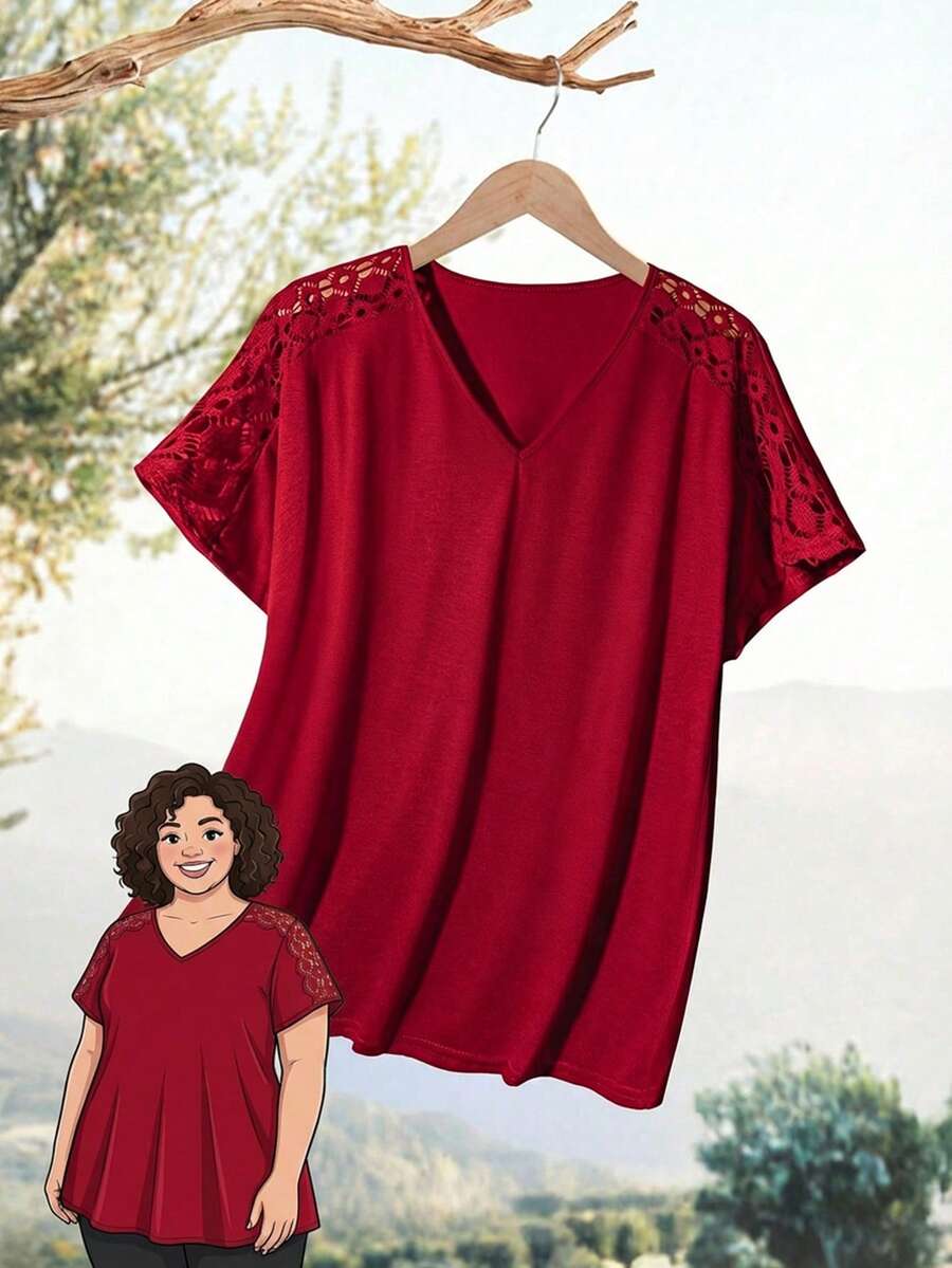 Rusticease Plus Size Women Summer Solid Color V-Neck Raglan Sleeve Short Sleeve Loose Casual T-Shirt - Red - View 1