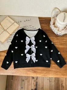 SHEIN LMoss Kids Young Girl Cute Versatile Heart & Bow Knitted Cardigan, Autumn/Winter - Black and White - View 4