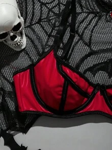 SHEIN Contrast Color PU Gather Cute Wireless Women Bra, Everyday Wear - Red - View 3