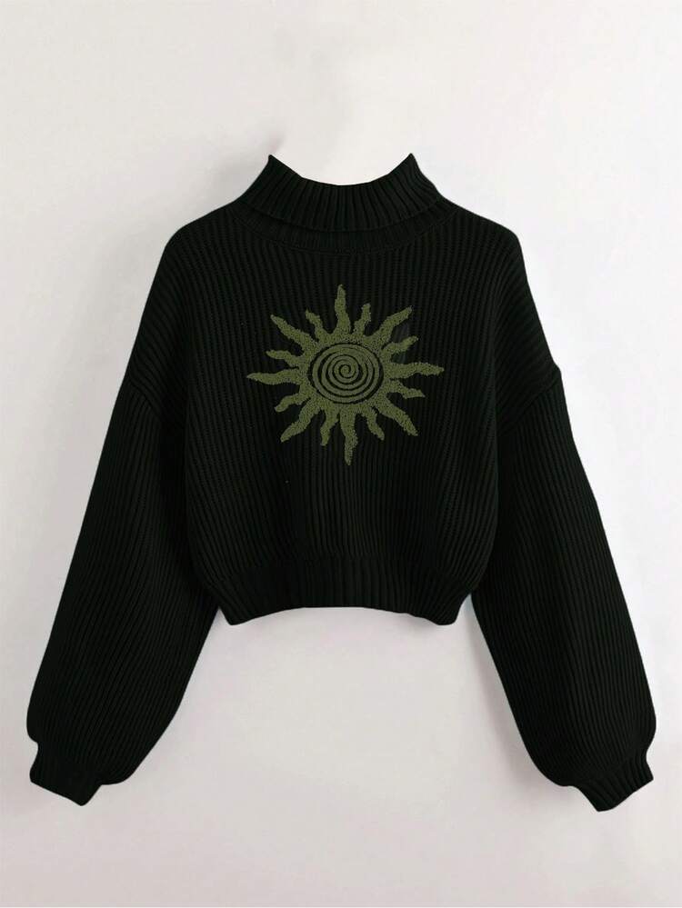 Stand Collar Lantern Sleeve Patterned Sweater,Long Sleeve Tops