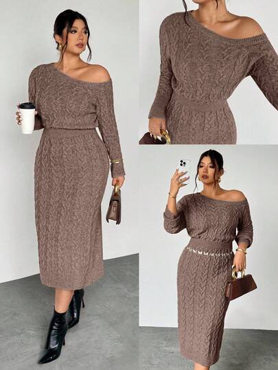 Firerie Plus Size Autumn/Winter New Fashion Round Neck Sexy Oblique Shoulder Off-Shoulder Cable Knit Sweater Dress