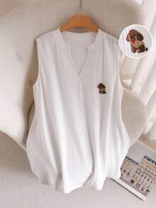 CosyJoli Áo thun ôm sát không tay cổ chữ V thêu họa tiết cỡ lớn thông thường - trắng - Xem 1