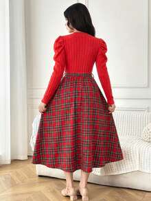 Robe longue à manches longues style bohème rouge en tricot patchwork à fleurs pour adolescentes, convient pour l'automne/hiver, les vacances d'hiver, Noël, robe rouge - Rouge - Voir 2