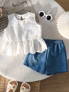 Genkimix Kids 2pcs/Set Young Girl Embroidered Ruffle Hem Vest Top And Blue Short, Spring To Summer Two Pieces Set For Girls Summer Dress Bohemian - Blue - View 2