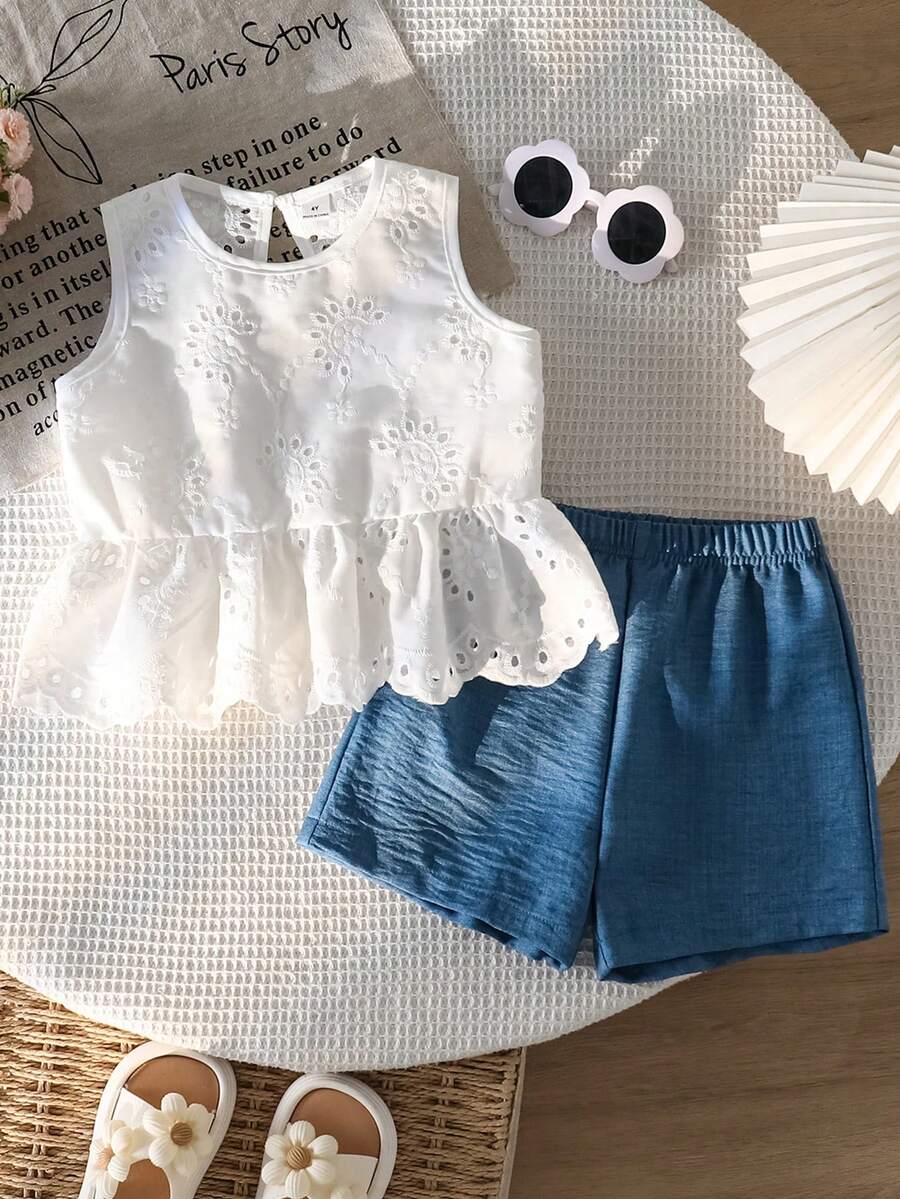 Genkimix Kids 2pcs/Set Young Girl Embroidered Ruffle Hem Vest Top And Blue Short, Spring To Summer Two Pieces Set For Girls Summer Dress Bohemian