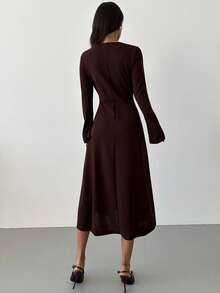 Firerie 女士优雅浪漫休闲日常通勤连衣裙，棕色针织面料，收腰长袖A字修身长裙，春秋冬新款，教师装，复古风，优雅通勤装，工作装，精致约会之夜，家庭聚会，假日出游 - 棕色 - 查看 2