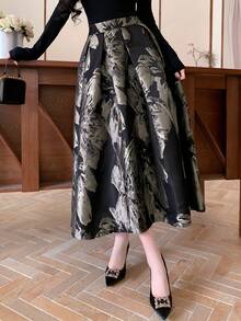 DAZY 女士花卉提花褶裥优雅半身裙 - 黑色 - 查看 6