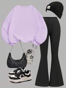 SHEIN Leap Crew 少女淡紫色K-POP卡通女孩肖像套装，休闲简约加厚柔软舒适宽松圆领长袖连帽衫和喇叭裤两件套，适合秋季穿着 - 彩色 - 查看 2