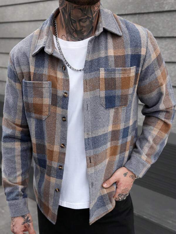 Manfinity Homme Plus Size Men's Long Sleeve Single-Breasted Casual Pocket Shacket