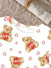 3pcs Baby Boy Valentine's Day Tops, Casual Comfortable Crew Neck Short Sleeve T-Shirts, Cute Bear & Heart Graphic Design, Loose Fit, Suitable For Spring/Summer Outfits, Streetwear, Casual, Outdoor, Party, Gift