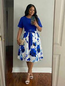 SHEIN Lady 春夏优雅通勤办公休闲波西米亚风彩色针织圆领喇叭腰带中长短袖大码连衣裙，适合各种身材，夏季女装，夏季连衣裙，女士办公装，度假连衣裙，夏季女装 - 藍色 - 查看 1