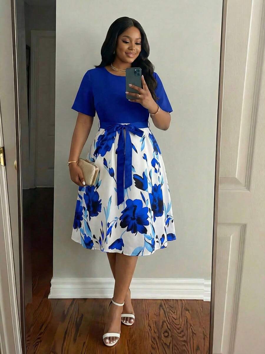 SHEIN Lady 春夏优雅通勤办公休闲波西米亚风彩色针织圆领喇叭腰带中长短袖大码连衣裙，适合各种身材，夏季女装，夏季连衣裙，女士办公装，度假连衣裙，夏季女装 - 藍色 - 查看 1