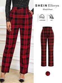 Ellevyn 女士褶皱锥形裤，黑色和红色针织弹力格子，优雅日常穿着，适合圣诞节和节日，秋冬 - 彩色 - 查看 1