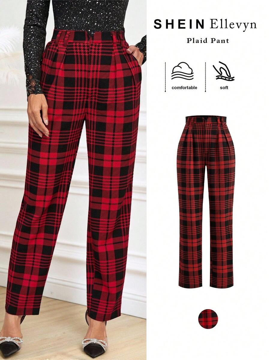 Ellevyn 女士褶皱锥形裤，黑色和红色针织弹力格子，优雅日常穿着，适合圣诞节和节日，秋冬 - 彩色 - 查看 1
