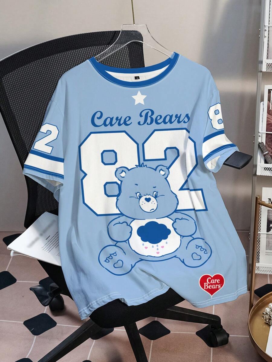SHEIN X Care Bears Plus Size Summer Casual Letter & Bear Print Round Neck Short Sleeve T-Shirt - White - View 1