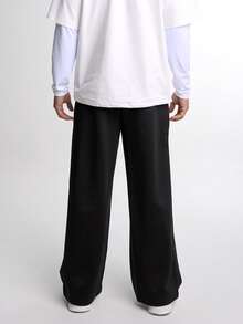 Pantalones de chándal holgados de pierna ancha con cintura con cordón y estampado de letras para hombre - Negro - Ver 2