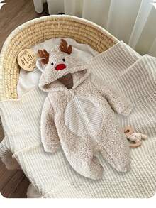 Newborn Baby Girl And Baby Boy Fashion Design Casual Versatile Christmas Cute Apricot Furry Deer Cartoon Pattern Hooded Bodysuit Jumpsuit, Autumn And Winter, Apricot Plush Lining Jumpsuit, Christmas Cute Cartoon Pattern Jumpsuit, Light Khaki Beige Jumpsuit, Fashionable Design Cutting-Edge Fashion Design Can Be Worn Indoors And Outdoors, Simple Style, Suitable For Indoor And Outdoor, Daily, Sports, Play, Party, Photo Shoot, Vacation, Festival