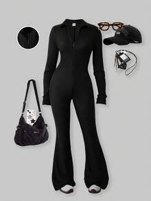 Sparklyn Teen Girl Grey Ribbed Knit Long Sleeve Jumpsuit With Front Opening - Black - View 3