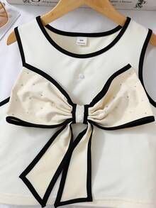 SHEIN 时尚休闲珍珠蝴蝶结可拆卸撞色滚边无袖上衣，适合少女夏季旅行、度假、海滩和户外活动穿着。 - 杏色 - 查看 7