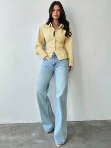 Firerie Women's Blue And White Striped Long Sleeve Shirt, Tie-Waist Shirt, Casual Commuter Shirt, Vacation Shirt, Cinched Waist Striped Shirt, Suitable For Spring, Summer, Autumn And Winter, Elegant, Vacation, Bohemian, Work Attire - Yellow - View 8