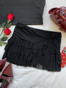 SHEIN EZwear 女式时尚不对称下摆百褶腰蛋糕裙